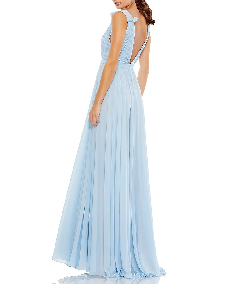 Mac Duggal Pleated Chiffon V-Neck Ruffle Sleeveless A-Line Gown