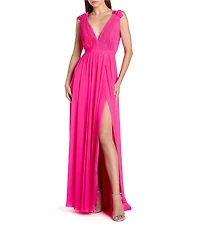 Mac Duggal Pleated Chiffon V-Neck Ruffle Sleeveless A-Line Gown