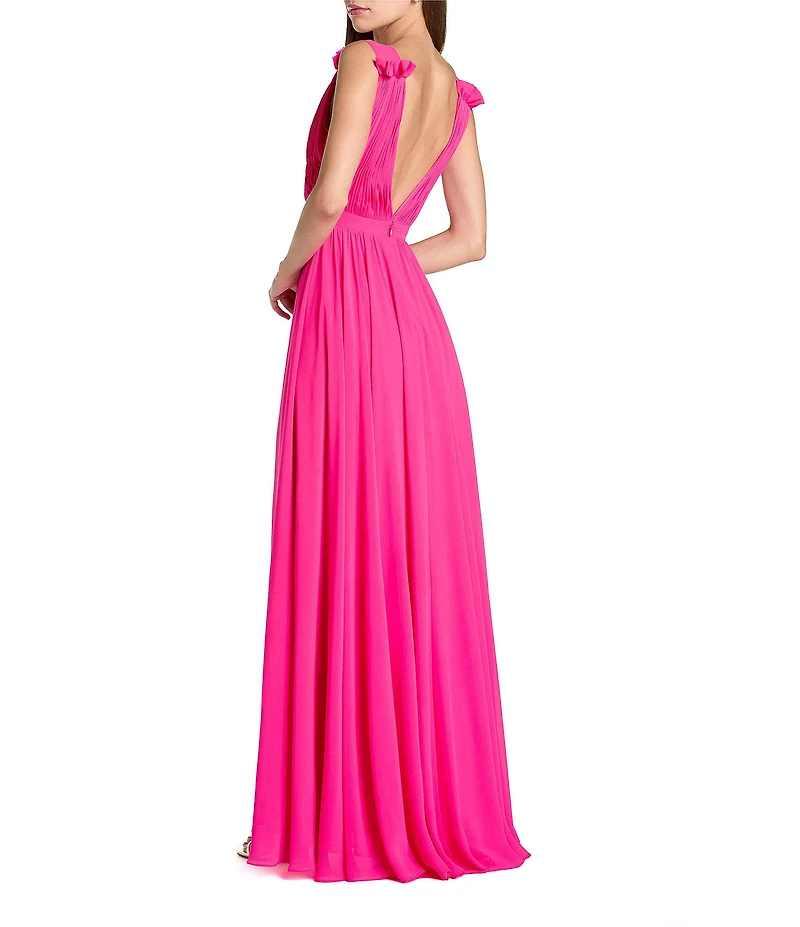 Mac Duggal Pleated Chiffon V-Neck Ruffle Sleeveless A-Line Gown