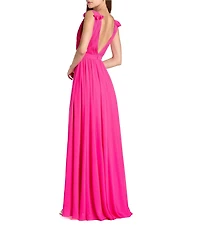 Mac Duggal Pleated Chiffon V-Neck Ruffle Sleeveless A-Line Gown