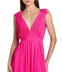 Mac Duggal Pleated Chiffon V-Neck Ruffle Sleeveless A-Line Gown