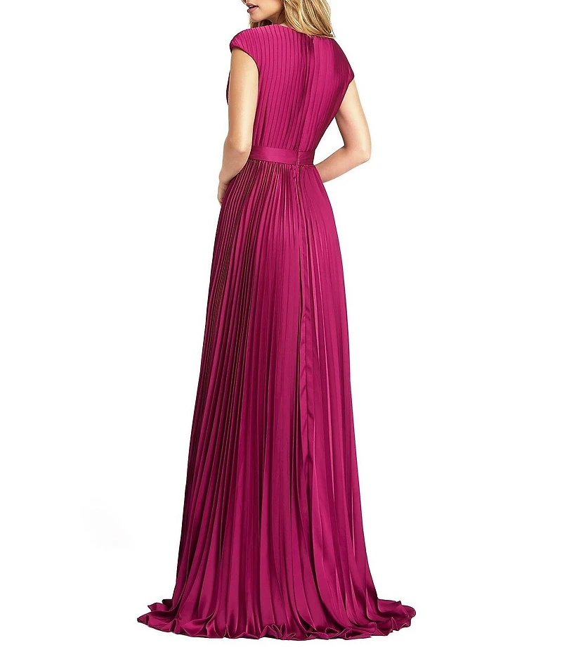 Mac Duggal Pleated Deep V-Neck Cap Sleeve Belted Gown