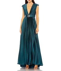 Mac Duggal Pleated Deep V-Neck Cap Sleeve Belted Gown