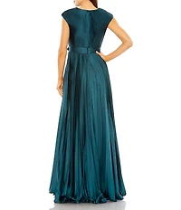 Mac Duggal Pleated Deep V-Neck Cap Sleeve Belted Gown