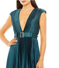 Mac Duggal Pleated Deep V-Neck Cap Sleeve Belted Gown