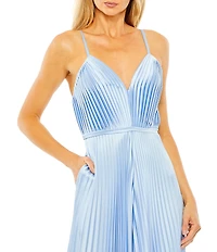 Mac Duggal Pleated Deep V-Neck Spaghetti Strap Sleeveless Wide Leg Jumpsuit