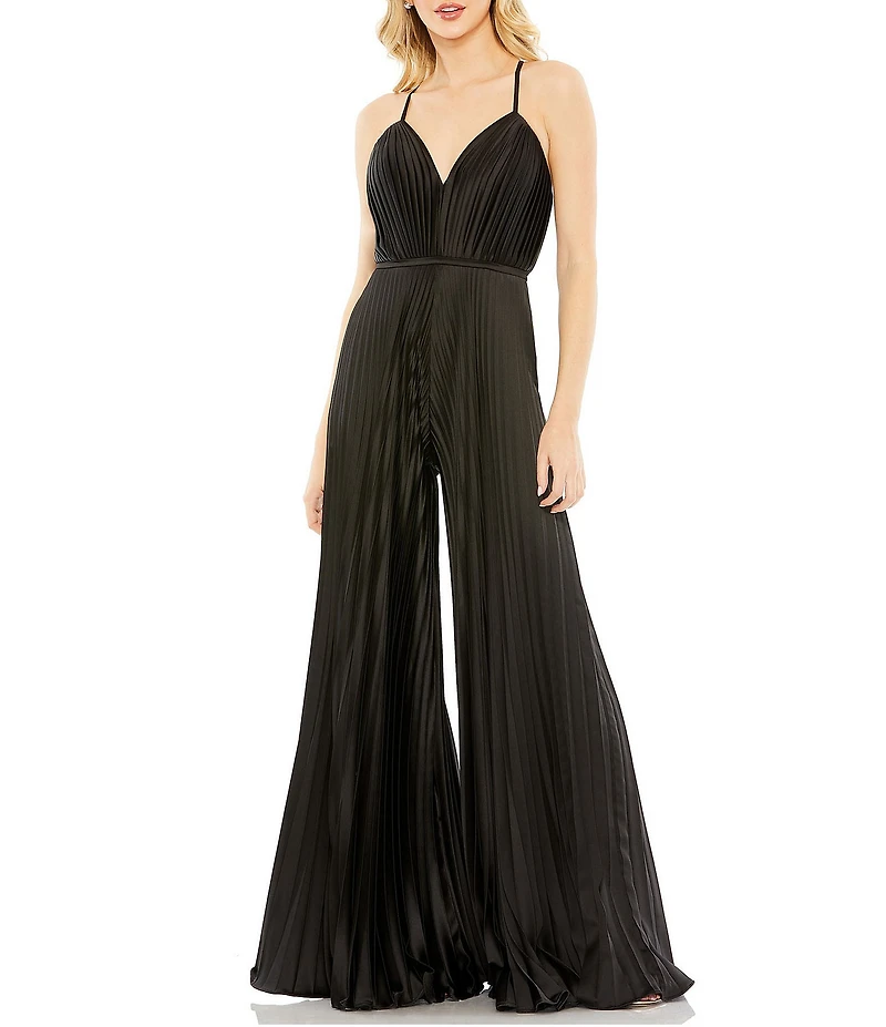Mac Duggal Pleated Deep V-Neck Spaghetti Strap Sleeveless Wide Leg Jumpsuit