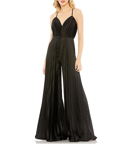 Mac Duggal Pleated Deep V-Neck Spaghetti Strap Sleeveless Wide Leg Jumpsuit