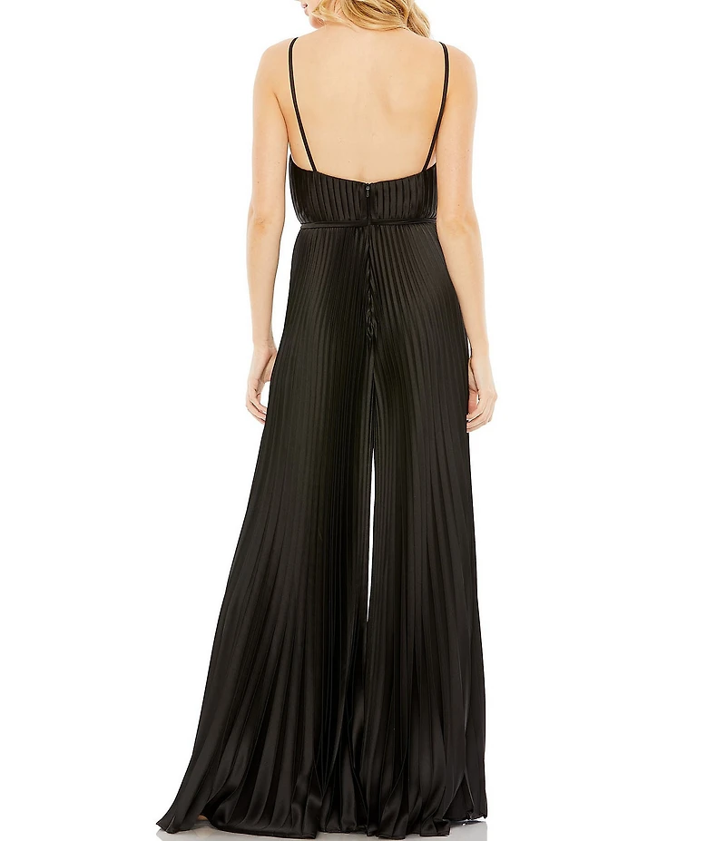 Mac Duggal Pleated Deep V-Neck Spaghetti Strap Sleeveless Wide Leg Jumpsuit