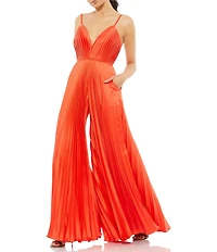 Mac Duggal Pleated Deep V-Neck Spaghetti Strap Sleeveless Wide Leg Jumpsuit
