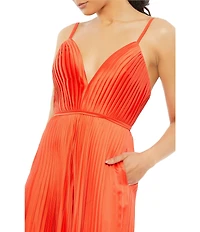 Mac Duggal Pleated Deep V-Neck Spaghetti Strap Sleeveless Wide Leg Jumpsuit