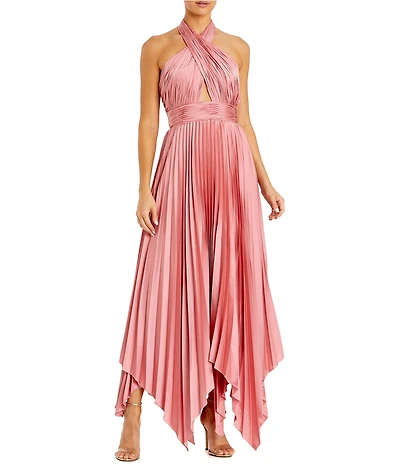 Mac Duggal Pleated Halter Neck Cut-Out Front Back Detail Sleeveless Asymmetrical Hem Dress