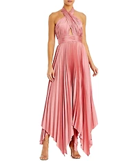Mac Duggal Pleated Halter Neck Cut-Out Front Back Detail Sleeveless Asymmetrical Hem Dress