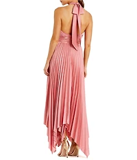 Mac Duggal Pleated Halter Neck Cut-Out Front Back Detail Sleeveless Asymmetrical Hem Dress