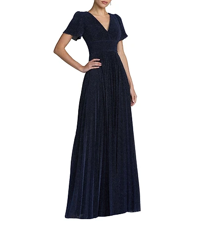 Mac Duggal Pleated Metallic Flutter Sleeve A Line Gown