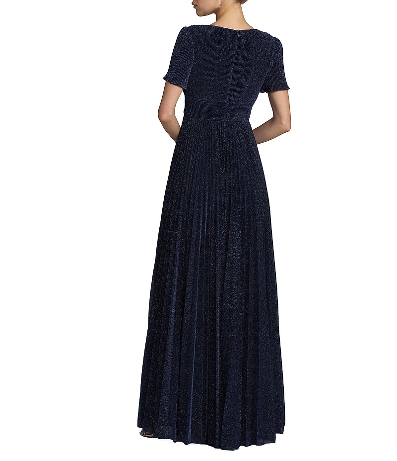 Mac Duggal Pleated Metallic Flutter Sleeve A Line Gown