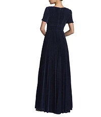 Mac Duggal Pleated Metallic Flutter Sleeve A Line Gown