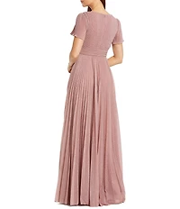 Mac Duggal Pleated Metallic Flutter Sleeve A Line Gown