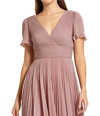 Mac Duggal Pleated Metallic Flutter Sleeve A Line Gown