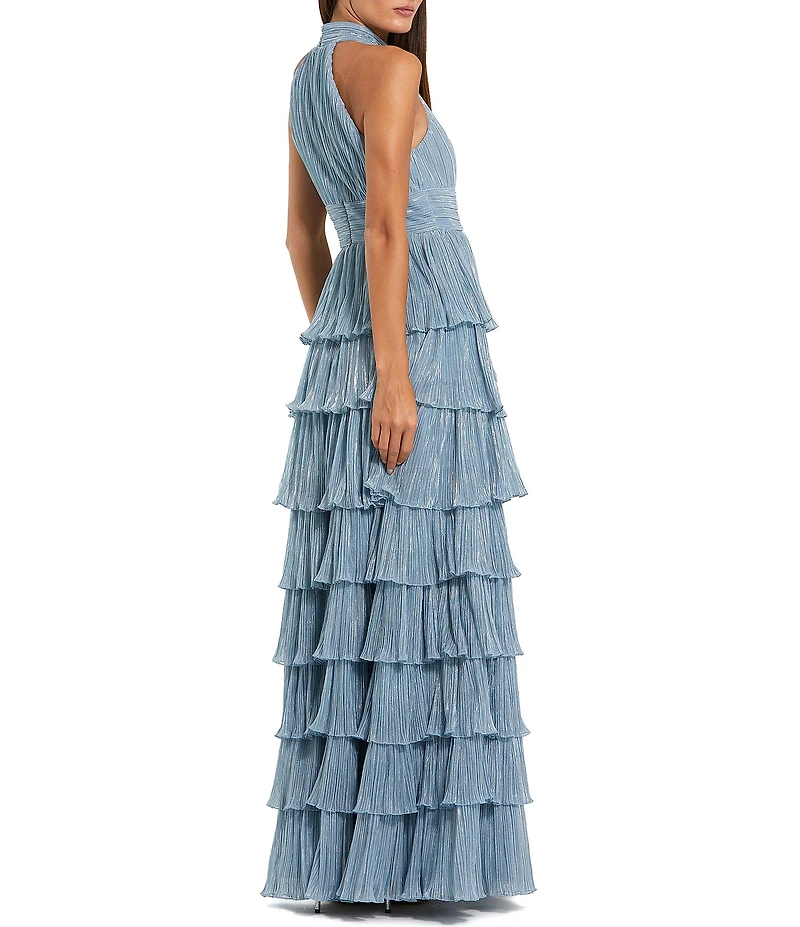 Mac Duggal Pleated Metallic Tiered 3D Floral Applique Halter Neck Gown