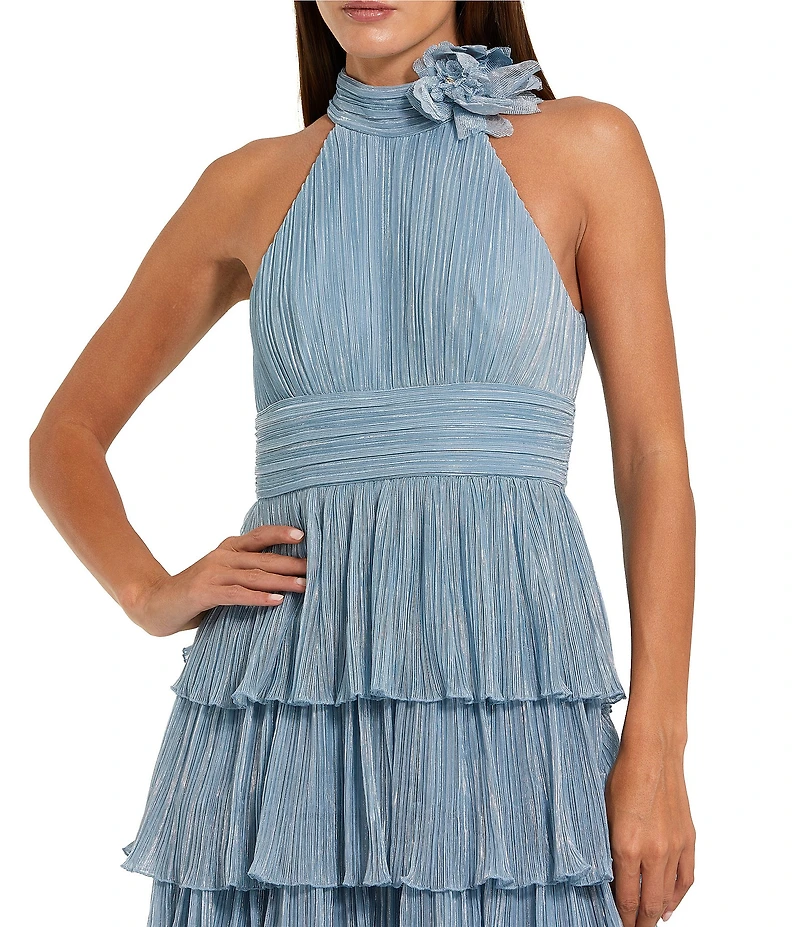 Mac Duggal Pleated Metallic Tiered 3D Floral Applique Halter Neck Gown