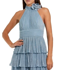 Mac Duggal Pleated Metallic Tiered 3D Floral Applique Halter Neck Gown