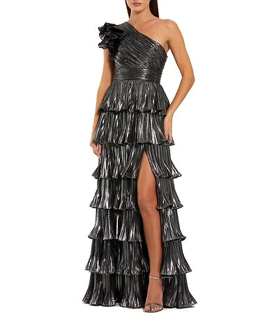 Mac Duggal Pleated Metallic Tiered Ruffle One Shoulder Gown
