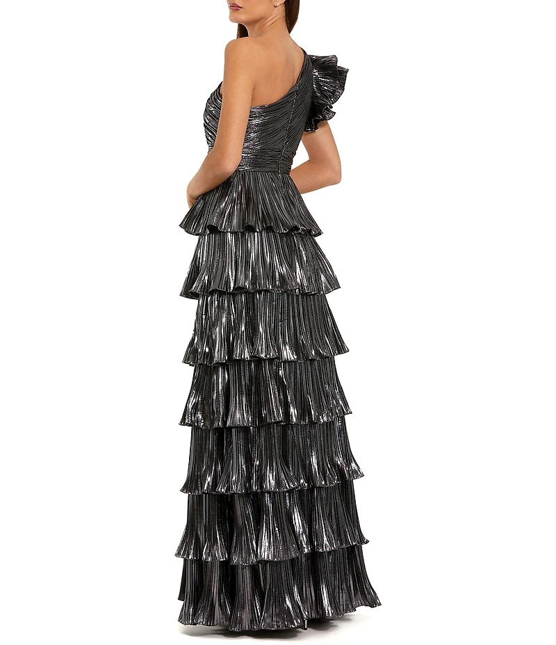 Mac Duggal Pleated Metallic Tiered Ruffle One Shoulder Gown