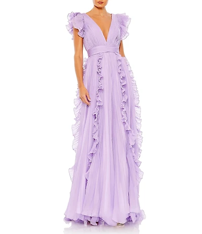 Mac Duggal Pleated Ruffle Cap Sleeve Deep V-Neck Flowy A-Line Gown