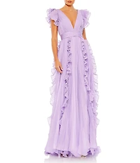 Mac Duggal Pleated Ruffle Cap Sleeve Deep V-Neck Flowy A-Line Gown