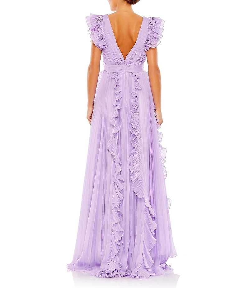 Mac Duggal Pleated Ruffle Cap Sleeve Deep V-Neck Flowy A-Line Gown
