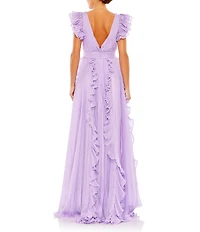 Mac Duggal Pleated Ruffle Cap Sleeve Deep V-Neck Flowy A-Line Gown