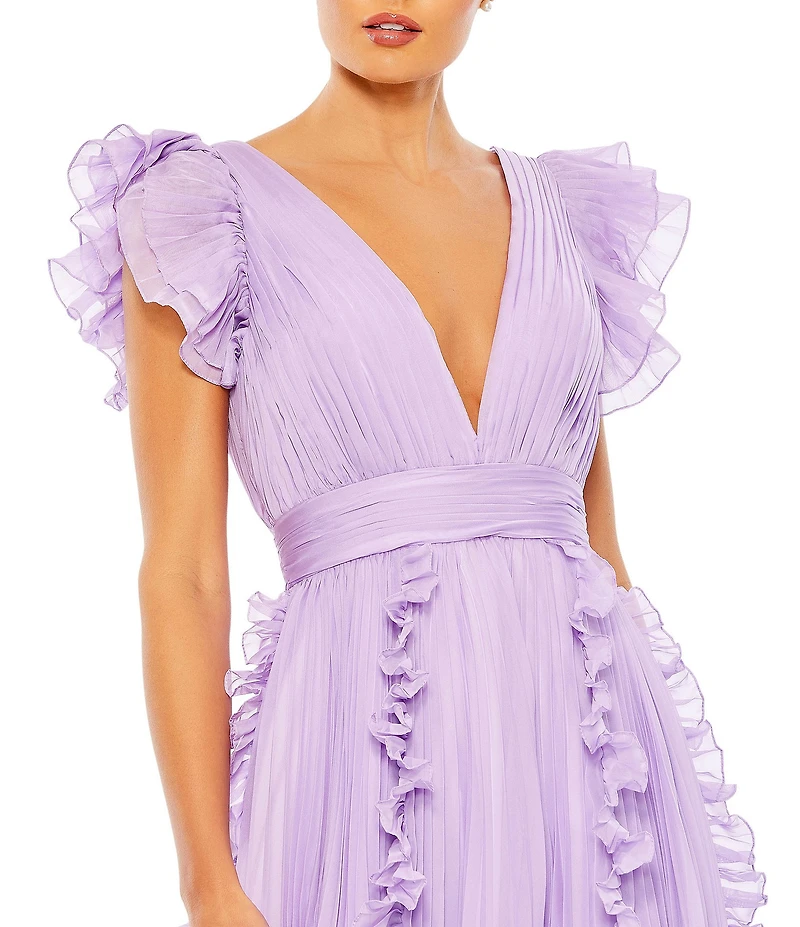 Mac Duggal Pleated Ruffle Cap Sleeve Deep V-Neck Flowy A-Line Gown