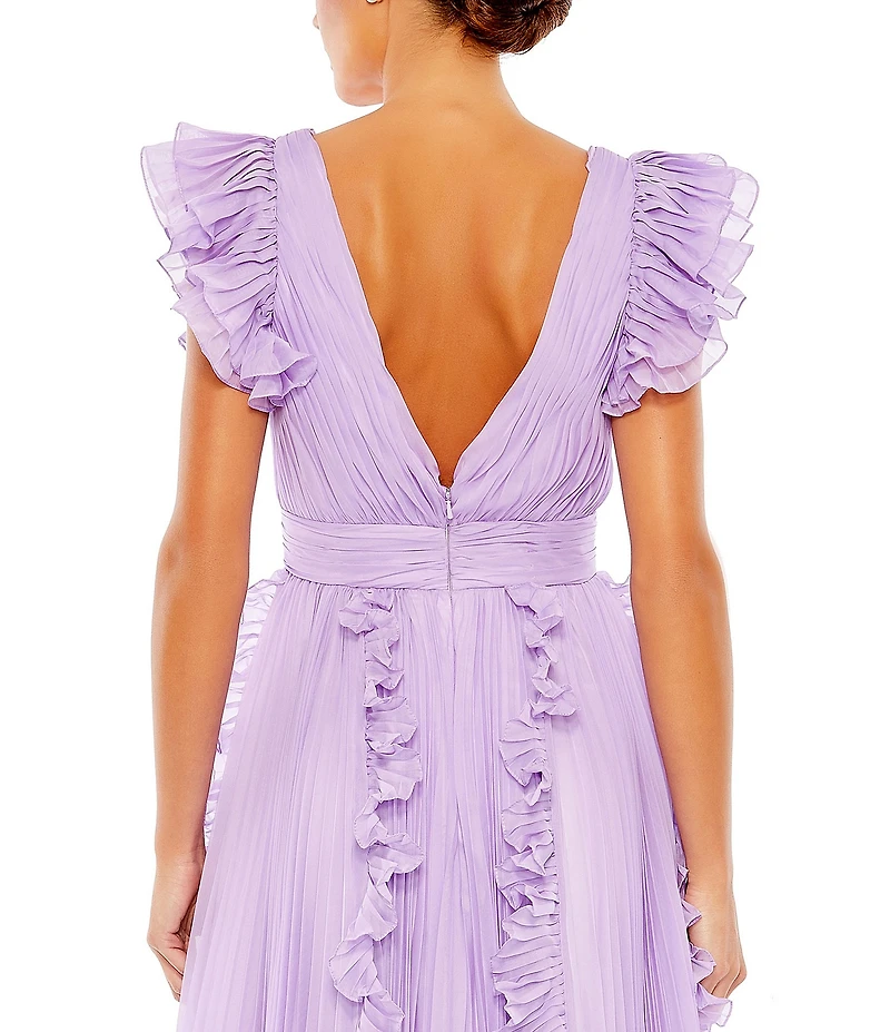 Mac Duggal Pleated Ruffle Cap Sleeve Deep V-Neck Flowy A-Line Gown