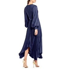 Mac Duggal Pleated Satin Round Neck Long Balloon Sleeve Hanky Hem Midi Dress