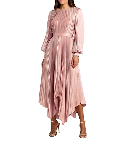 Mac Duggal Pleated Satin Round Neck Long Balloon Sleeve Hanky Hem Midi Dress