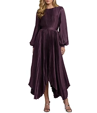 Mac Duggal Pleated Satin Round Neck Long Balloon Sleeve Hanky Hem Midi Dress
