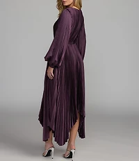 Mac Duggal Pleated Satin Round Neck Long Balloon Sleeve Hanky Hem Midi Dress