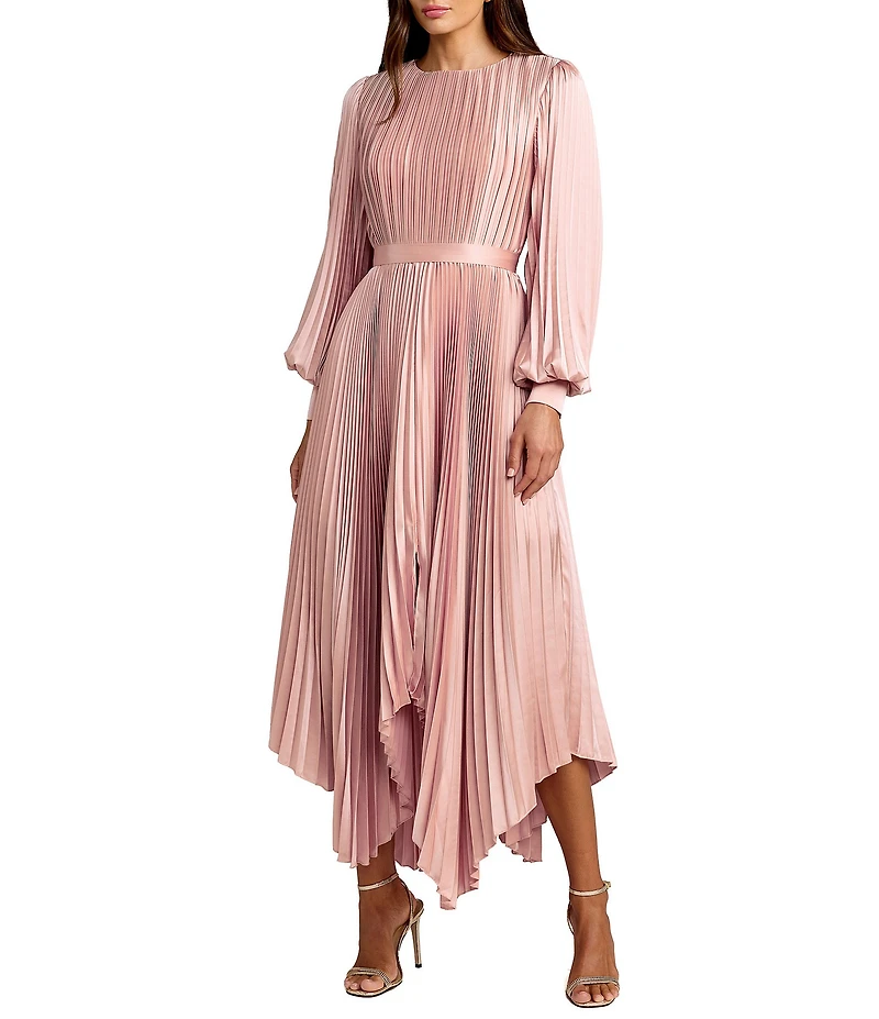 Mac Duggal Pleated Satin Round Neck Long Balloon Sleeve Hanky Hem Midi Dress