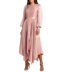 Mac Duggal Pleated Satin Round Neck Long Balloon Sleeve Hanky Hem Midi Dress