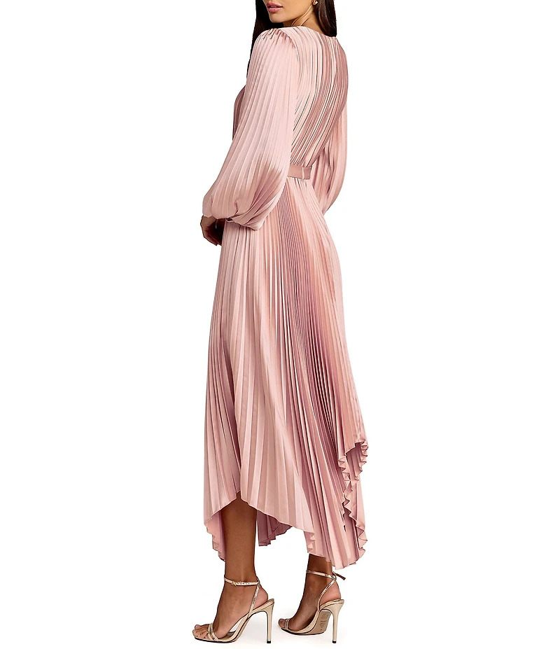 Mac Duggal Pleated Satin Round Neck Long Balloon Sleeve Hanky Hem Midi Dress
