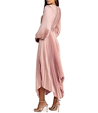 Mac Duggal Pleated Satin Round Neck Long Balloon Sleeve Hanky Hem Midi Dress