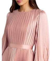 Mac Duggal Pleated Satin Round Neck Long Balloon Sleeve Hanky Hem Midi Dress