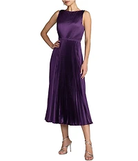Mac Duggal Pleated Sleeveless Charmeuse Boat Neck Midi Dress