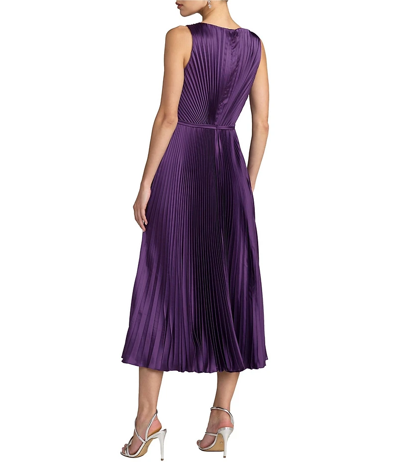 Mac Duggal Pleated Sleeveless Charmeuse Boat Neck Midi Dress