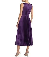 Mac Duggal Pleated Sleeveless Charmeuse Boat Neck Midi Dress