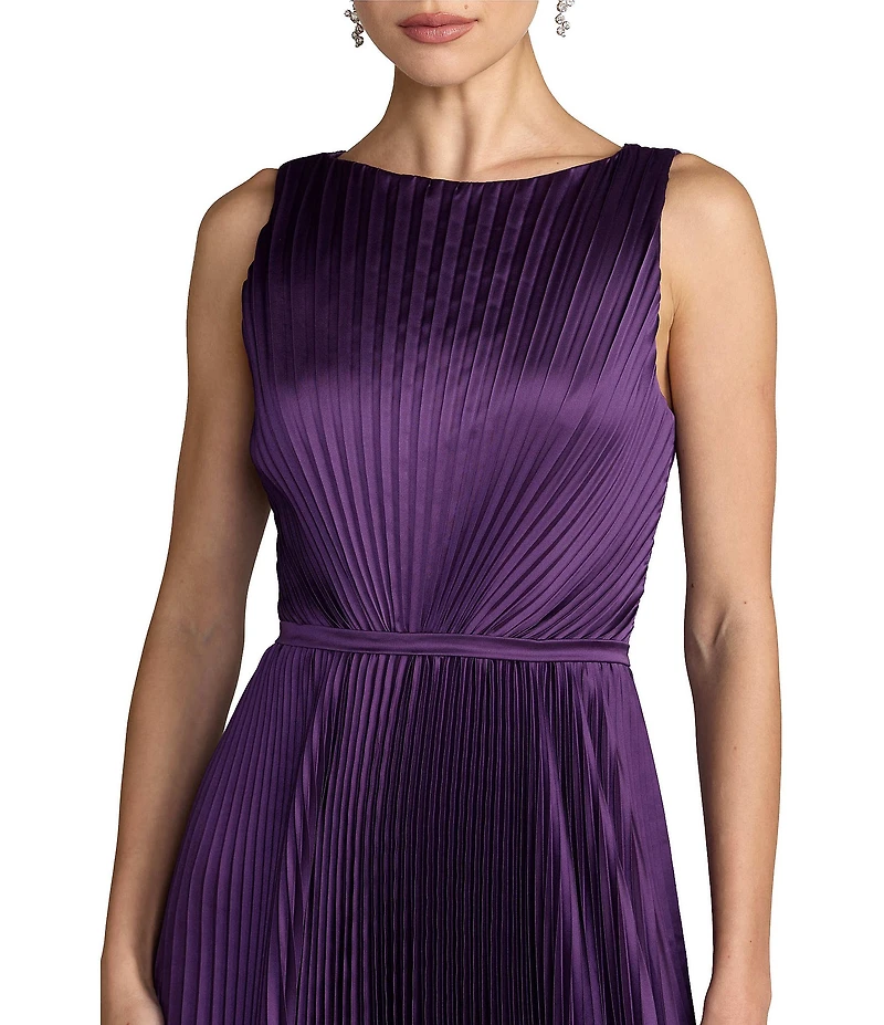 Mac Duggal Pleated Sleeveless Charmeuse Boat Neck Midi Dress