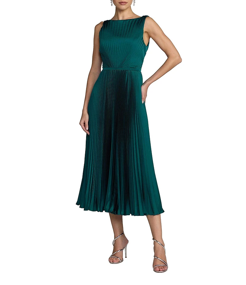 Mac Duggal Pleated Sleeveless Charmeuse Boat Neck Midi Dress