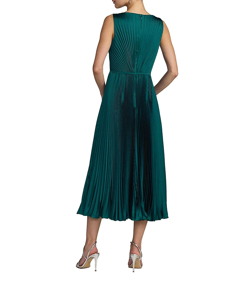 Mac Duggal Pleated Sleeveless Charmeuse Boat Neck Midi Dress