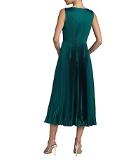 Mac Duggal Pleated Sleeveless Charmeuse Boat Neck Midi Dress